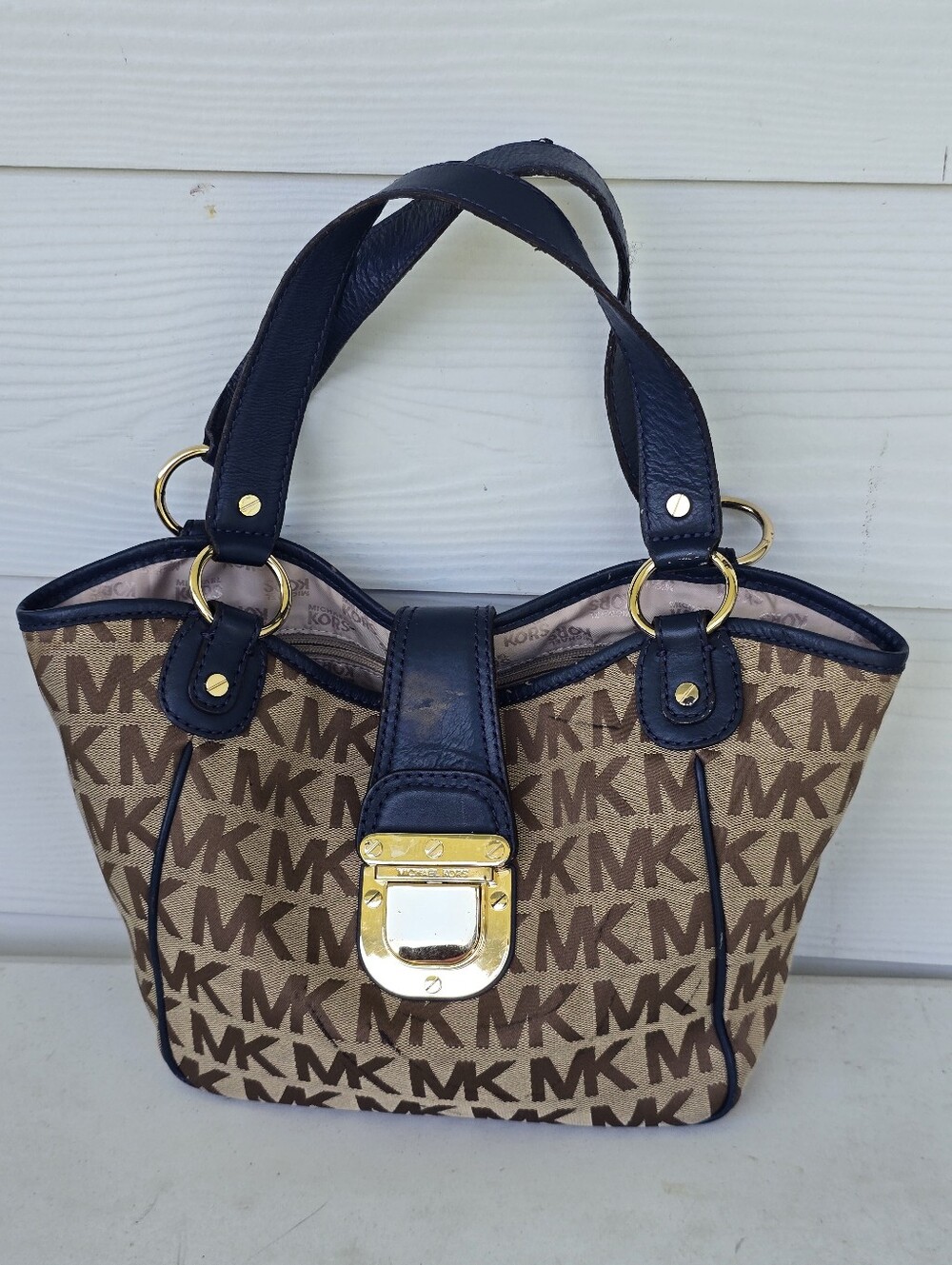 Michael Kors MK Signature Jacquard Tote Bag Navy Leather Gold Hardware 10x12